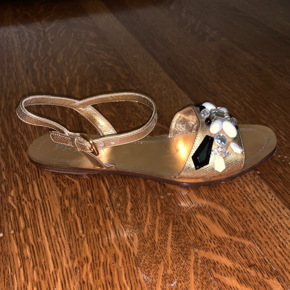 Prada Gold Leather Crystal Embellished Sandals - Picture 5 of 14